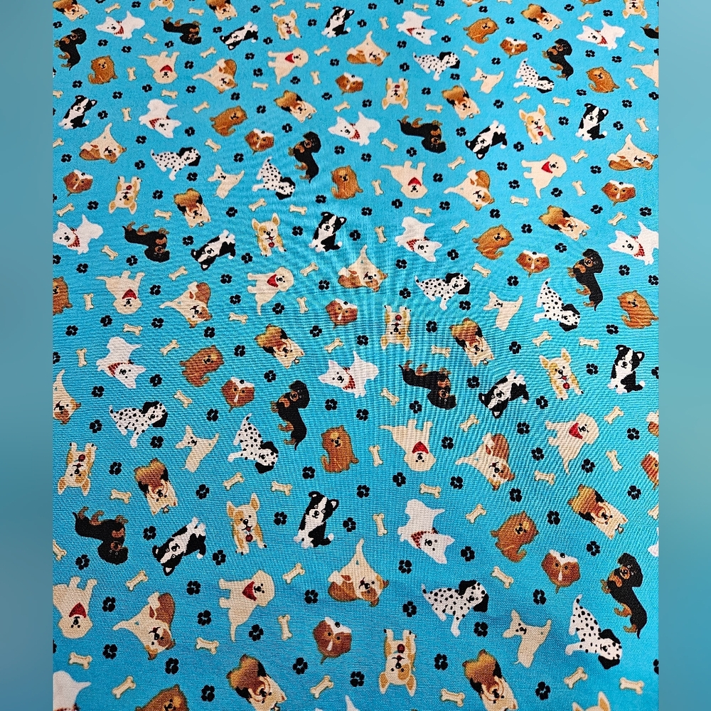 Pet Patterned Dog Bandana Cotton- Blue with Cute Dog Faces By The Yard